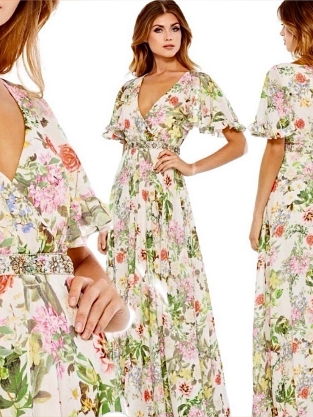 Mac Duggal FLORAL PRINT FAUX WRAP FLUTTER SLEEVE A LINE GOWN size 12 $498 - Picture 15 of 15